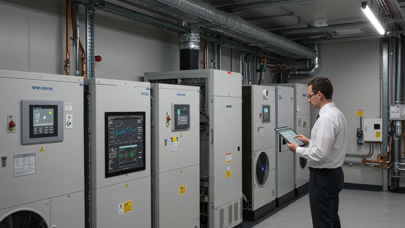 “A hotel engineer or facility manager remotely monitoring HVAC performance on a tablet, standing beside smart HVAC equipment in a modern utility room
