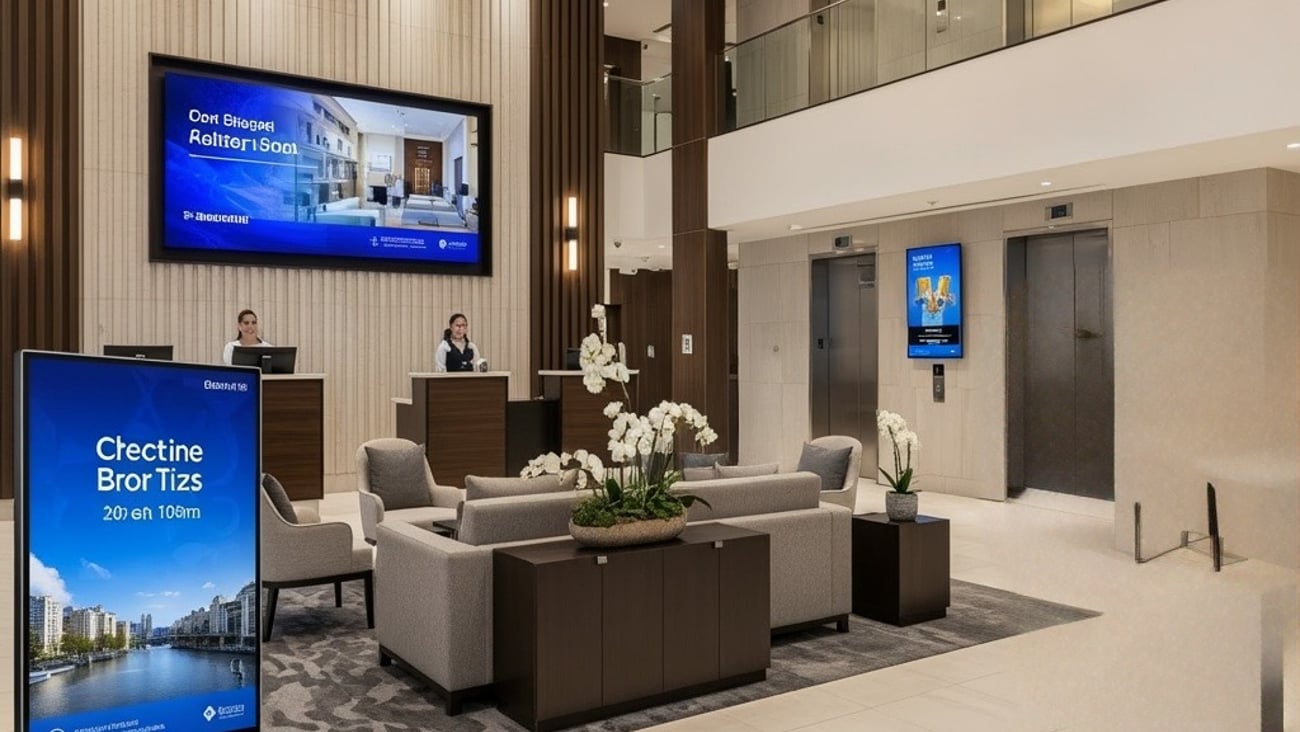 Hotel lobby with digital signage