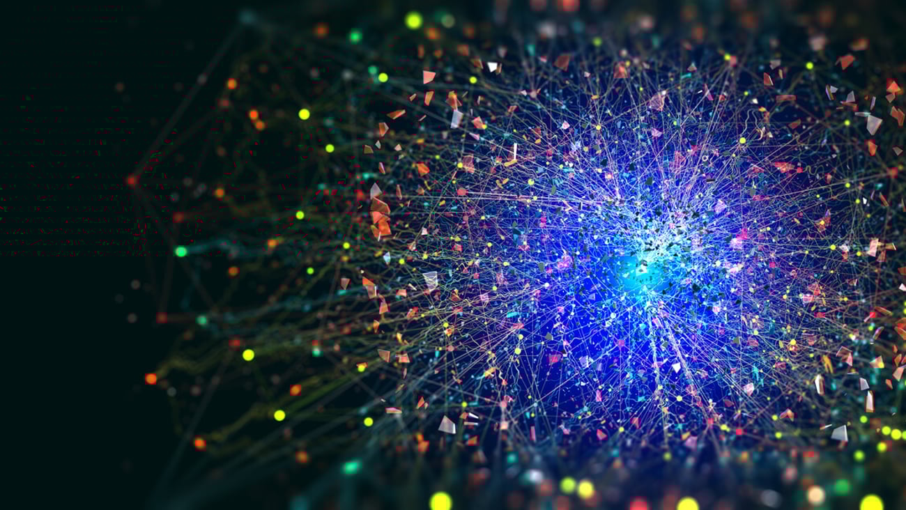 Abstract neural network 3D illustration. Big data concept. Global database and artificial intelligence. Bright, colorful background with bokeh effect; Shutterstock ID 1905995086