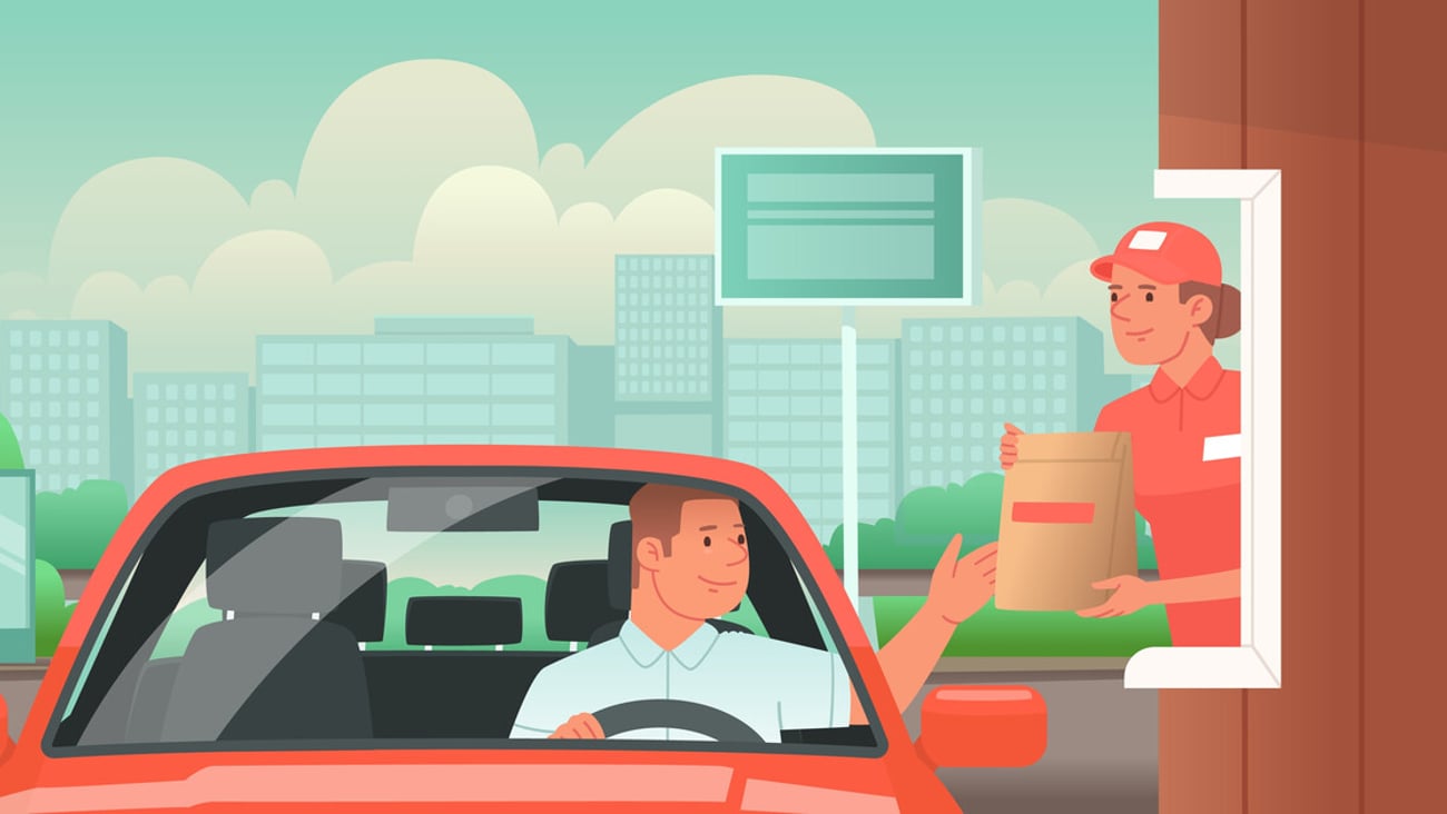 Drive thru. Man drives up to a fast food cafe and picks up his order. Vector illustration in flat style; Shutterstock ID 1957803376