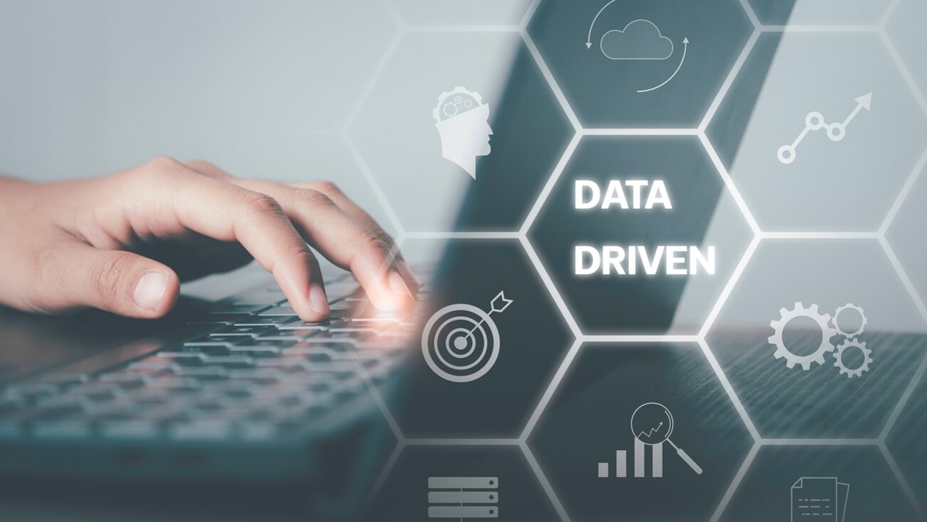 Data driven marketing concept. Data collection icons with Big data analytic message. Marketing technology. Working on computer cubes with data driven. Creative digital development agency.; Shutterstock ID 2154000119