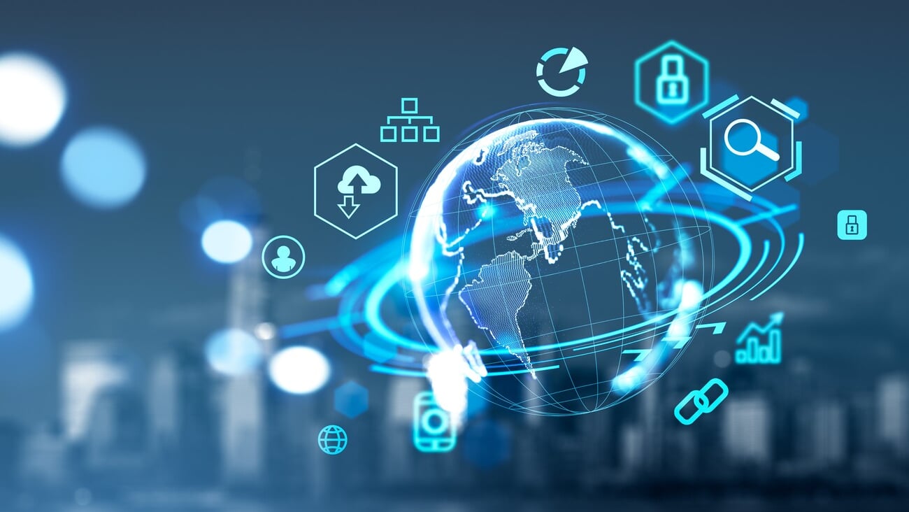 Earth globe with digital connection hologram, New York skyline on background. Metaverse and social marketing. Concept of global internet and worldwide network; Shutterstock ID 2154100269