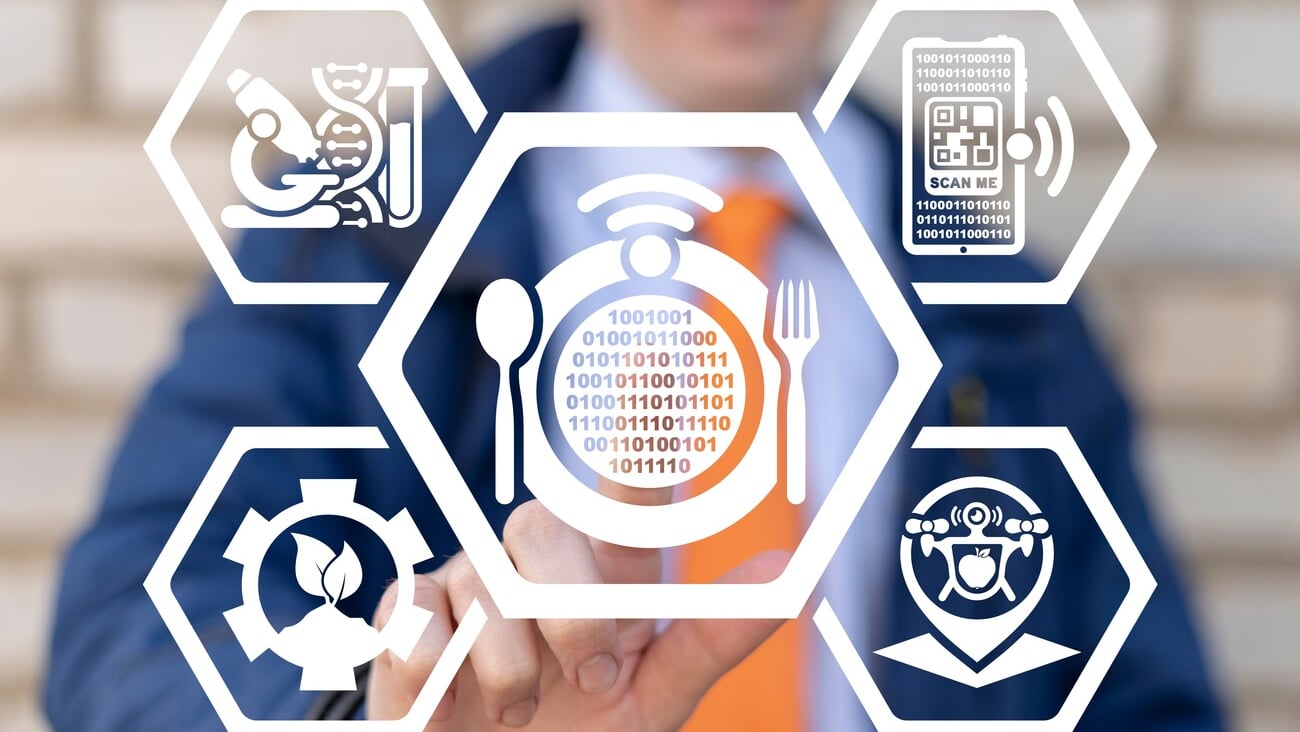 Concept of food technology. Eco Nutrition Tech. Smart restaurant, online order food, modern drone delivery.; Shutterstock ID 2205977021