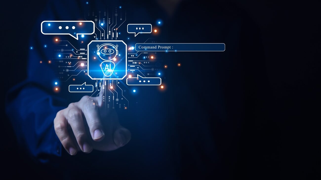 businessman showing graphics Ai chat application, a digital chatbot assistant. Robotic smart customer access internet network data, futuristic technology discussion concept. high tech artif; Shutterstock ID 2357629235