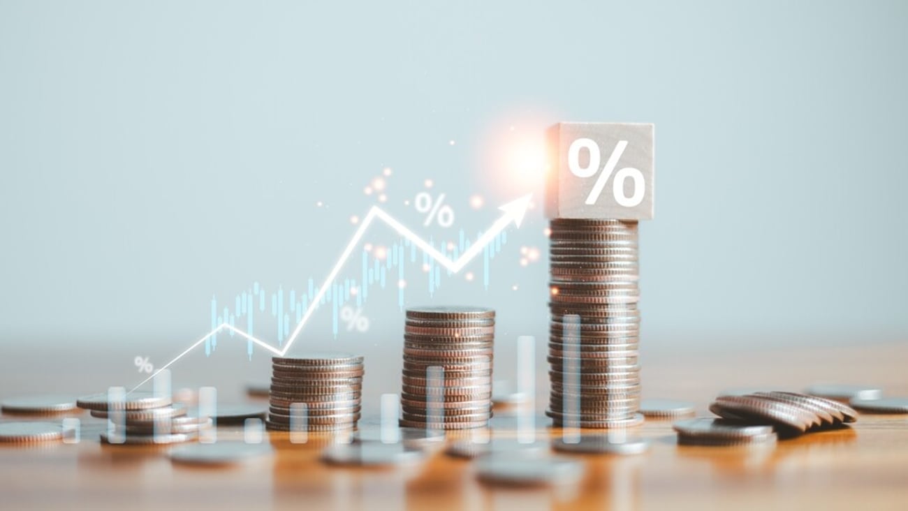 Finance chart showed a significant increase in stock market profits, driven by higher interest rates and steady growth in money investments. finance, growth, increase, interest, money, profit, stock.; Shutterstock ID 2473124043