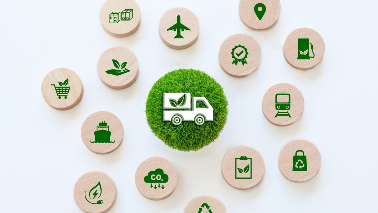 Green Logistics and supply chain concept. A miniature truck on green globe is surrounded by icons of eco-friendly practices, clean energy for transportation. Sustainable development and transport.; Shutterstock ID 2487840341