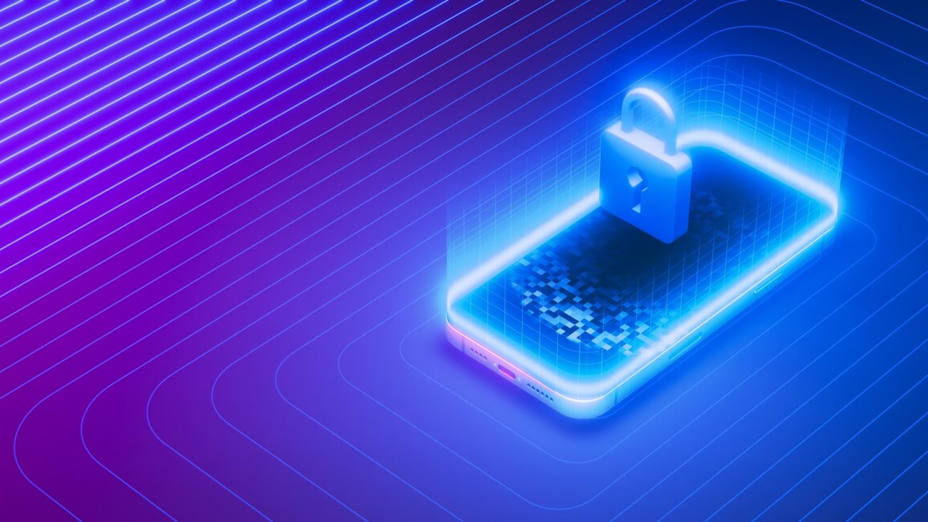 A digital illustration showcasing mobile security with a neon lock icon on a smartphone. The image emphasizes the importance of cybersecurity in mobile devices with a futuristic design.; Shutterstock ID 2498899763