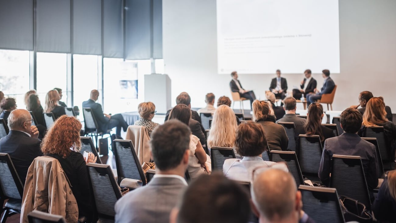 Interview and round table discussion at business convention and presentation. Audience at the conference hall. Business and entrepreneurship symposium.; Shutterstock ID 2529858977