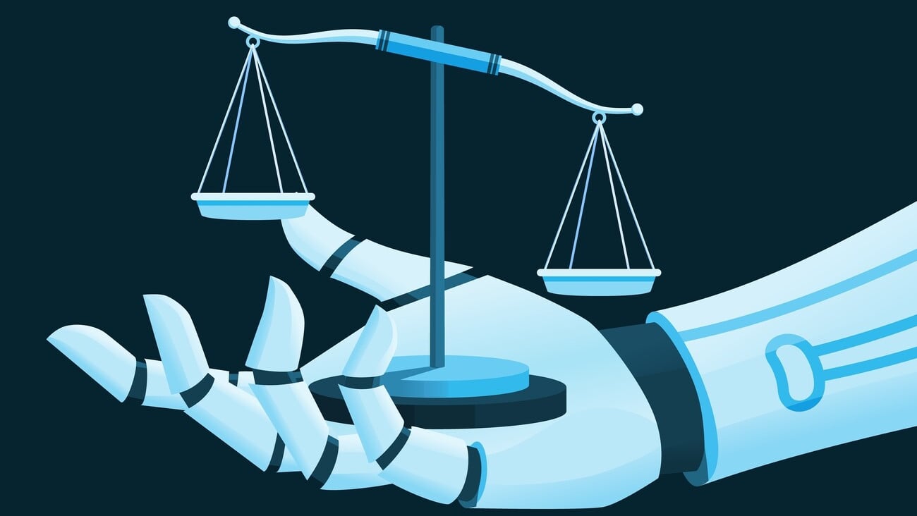 AI Law Policy Regulation Illustration Concept Robot Hand and Scale Law Artificial Intelligence Moral Ethic Vector Design; Shutterstock ID 2304838037