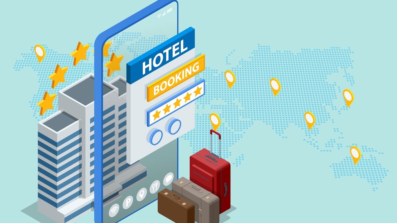 Isometric online hotel booking concept.People booking hotel and search reservation for holiday. Smartphone maps gps location.; Shutterstock ID 2459450153