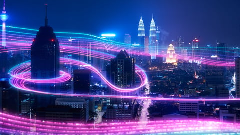 Zoox logo and cityscape with internet network