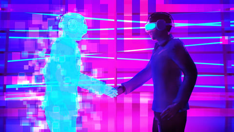 Two people shaking hands virtually via the metaverse