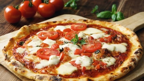 a pizza sitting on top of a wooden cutting board