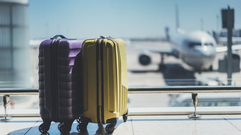 two suitcases with an airplane in front of them at the airport