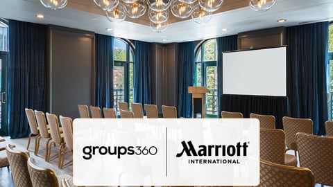 hotel room with groups360 and marriott logos