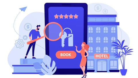 cartoon image of people booking a hotel via smartphone