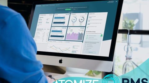 person in front of a computer, atomize and RMS logos