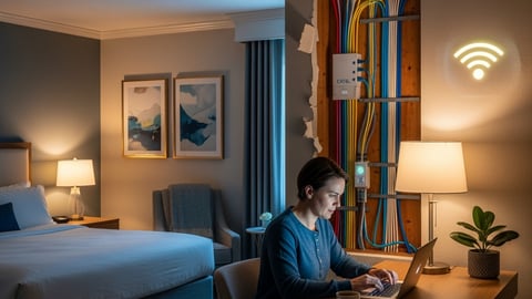 hotel guest room with internet cables in the wall exposed