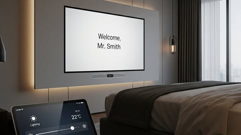 hotel room with digital signage