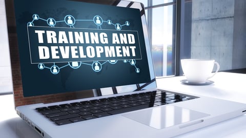 Training and Development text on modern laptop screen in office environment. 3D render illustration business text concept.; Shutterstock ID 1014635968