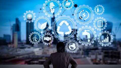Sustainable development with icons of renewable energy and natural resources preservation with environment protection inside connected gears.businessman stands successfully on building.; Shutterstock ID 1090080407