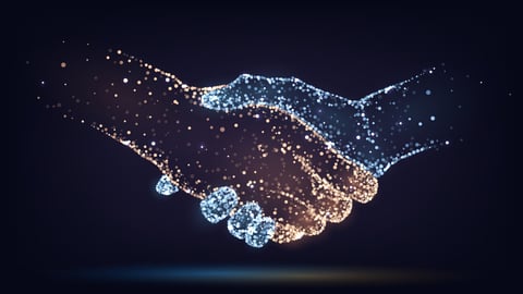 Two hands of glowing particles, orange and blue, handshake,  business, trust concept; Shutterstock ID 1548400754
