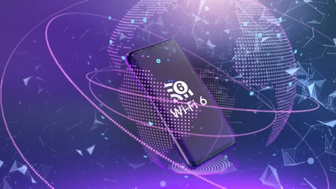 Wi Fi 6 logo on smartphone and blurred global map background. Wi Fi 6 telecommunications new generation network connectivity 3D rendering illustration.; Shutterstock ID 1643572372