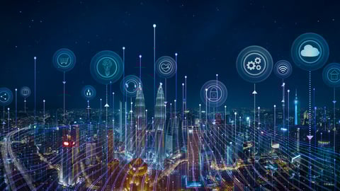 Panorama aerial view in the cityscape skyline with smart services and icons, internet of things, networks and augmented reality concept , night scene .; Shutterstock ID 1792992196
