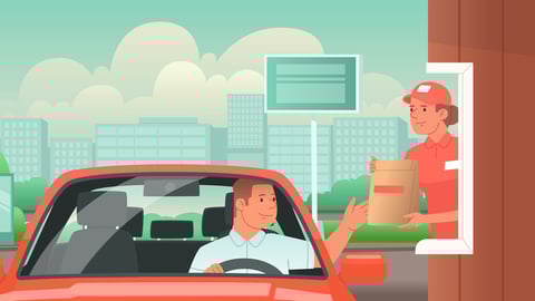 Drive thru. Man drives up to a fast food cafe and picks up his order. Vector illustration in flat style; Shutterstock ID 1957803376