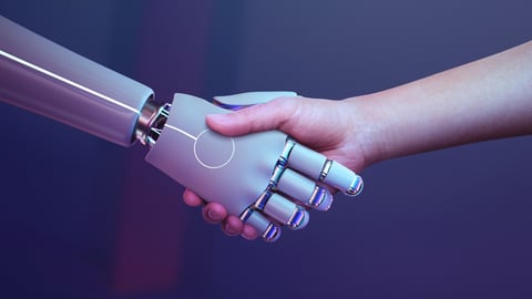 Digital robot handshake human background futuristic digital age robot science digital technology ; Shutterstock ID 2050131920