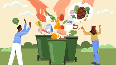 Food waste. Big hands throw leftovers of dishes into trash. Get rid of expired products. Excessive consumption. Taking care of environment. Cartoon flat vector illustration isolated on pink background; Shutterstock ID 2053409072