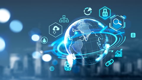 Earth globe with digital connection hologram, New York skyline on background. Metaverse and social marketing. Concept of global internet and worldwide network; Shutterstock ID 2154100269