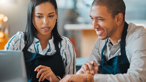 Waiter, laptop and cafe restaurant manager in small business meeting with employee for financial budget or inventory. Coffee shop, bakery worker planning or review marketing or advertising strategy; Shutterstock ID 2193761835