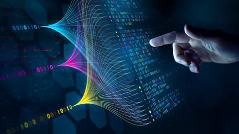 Big data technology and data science. Data scientist querying, analysing and visualizing complex set on virtual screen. Data flow concept. Neural network, artificial intelligence, ML, analytics.; Shutterstock ID 2255695571