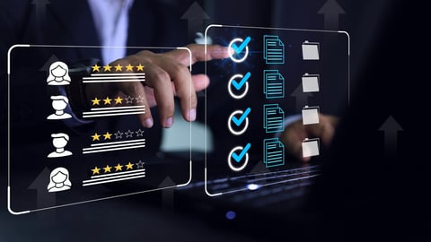 Businessman click blue check mark on laptop screen to vendor evaluate or supplier feedback industrial facility and rated a maximum of five stars according to the ISO documentation management system.; Shutterstock ID 2340902517