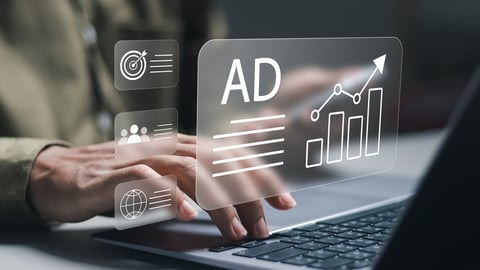 Digital marketing commerce online sale concept, Businessman use laptop with advertising on website. planning advertising marketing strategies to target social media native, ad, advertisers, sales.; Shutterstock ID 2408853147