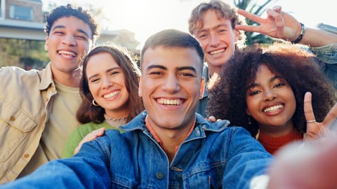 Friends, portrait and selfie in backyard on holiday and get together or hangout with peace sign on social media. Excited young people in group profile picture for bonding, gen z and diversity outdoor; Shutterstock ID 2475097517