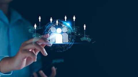 Customer relationship management or CRM concept. Businessman showing Customer relationship community online network technology. Global customer service system build brand loyalty. Digital business.; Shutterstock ID 2477462569