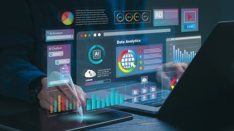 Data analytics automated with AI technology. Businessman use laptop and dashboard for Automating Data Management Analytics and Business Reports with KPI. AI chat bot. Database. Sales. Marketing. ; Shutterstock ID 2495451873