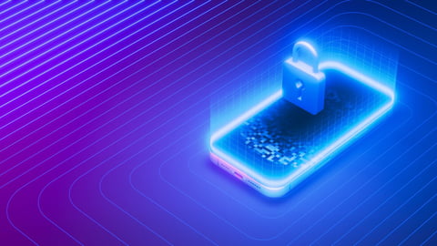 A digital illustration showcasing mobile security with a neon lock icon on a smartphone. The image emphasizes the importance of cybersecurity in mobile devices with a futuristic design.; Shutterstock ID 2498899763