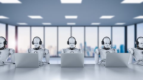 3d rendering humanoid robots working with headset and notebook.; Shutterstock ID 795529078