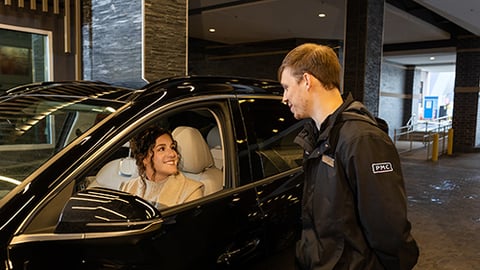 valet helping woman in car