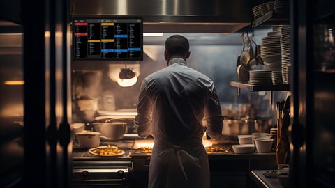 Chef with Epson TrueOrder KDS in kitchen background