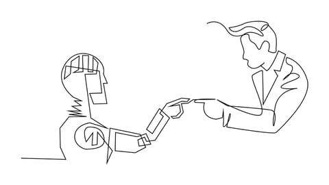 Continuous line art or One Line Drawing of artificial intelligence, future technology and communication concept - robot and human hand connecting fingers; Shutterstock ID 1182667219