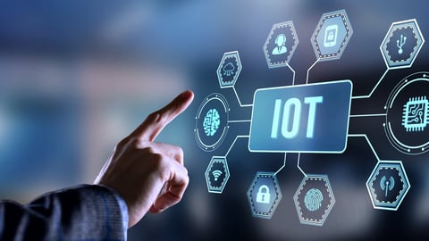 Internet of things - IOT concept. Businessman offer IOT products and solutions. Internet, business, Technology and network concept. Virtual button.; Shutterstock ID 2204375813