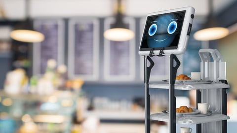 Automation cafe with 3d rendering robotic assistant or service robot serve food; Shutterstock ID 2212065241