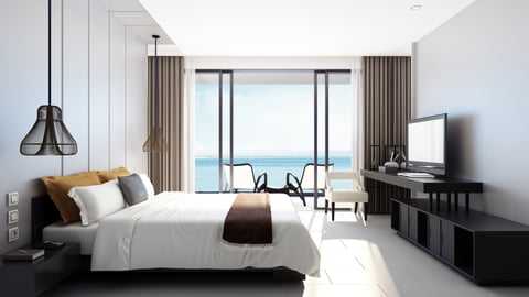 Modern sea view bedroom / 3D rendering; Shutterstock ID 756956185