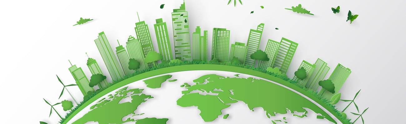 Concept of green city with building on earth. World environment day,Paper art 3d from digital crfat.; Shutterstock ID 1273052050