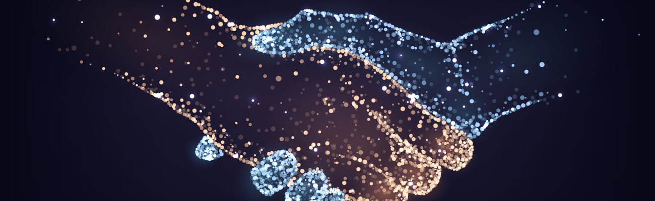 Two hands of glowing particles, orange and blue, handshake,  business, trust concept; Shutterstock ID 1548400754