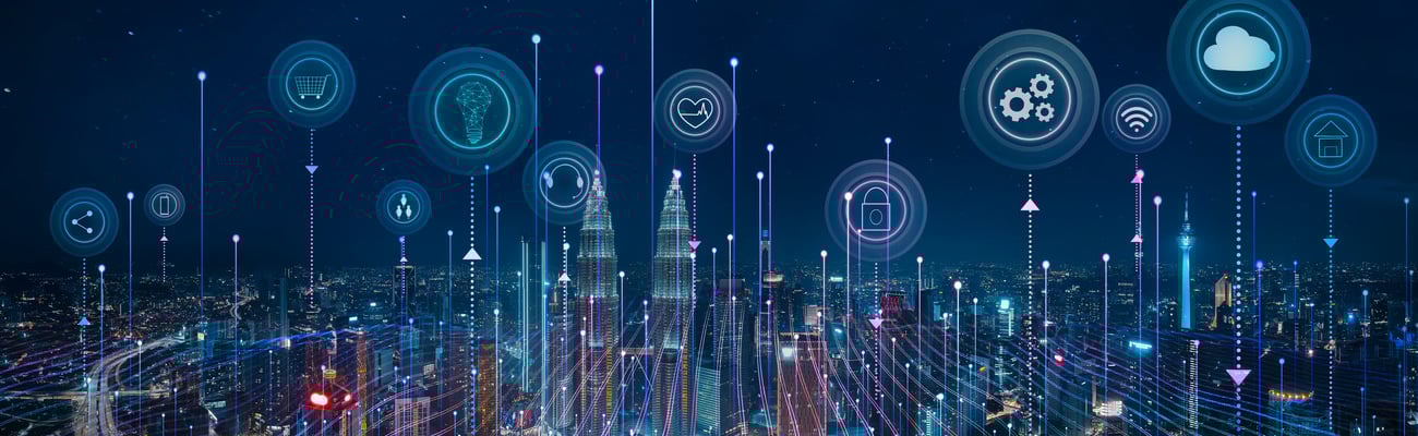 Panorama aerial view in the cityscape skyline with smart services and icons, internet of things, networks and augmented reality concept , night scene .; Shutterstock ID 1792992196